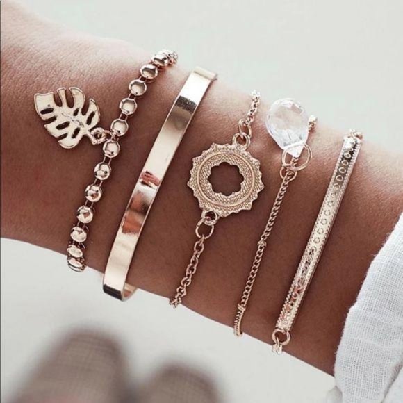 Jewelry - 5 boho bracelets set gold tropical leaf